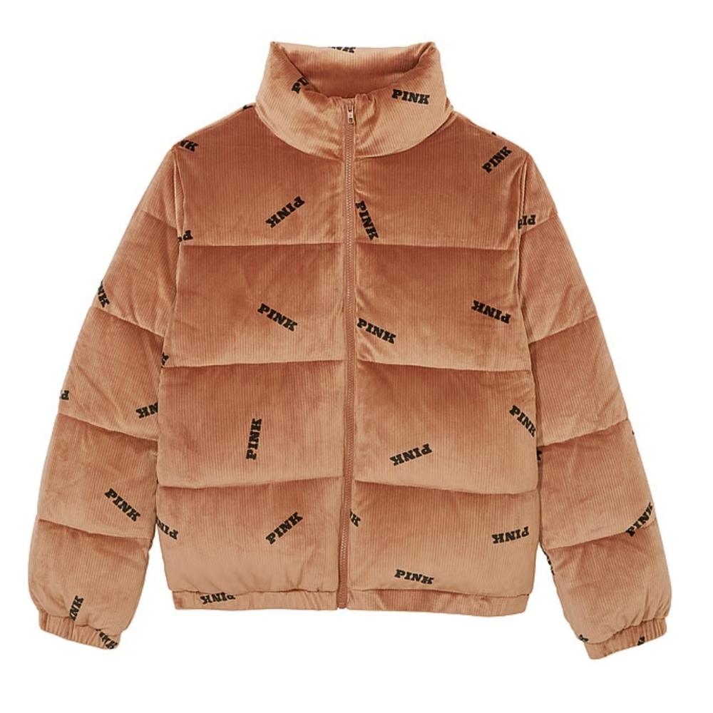 PINK VS RIB VELOUR CROP PUFFER JACKET sz Medium